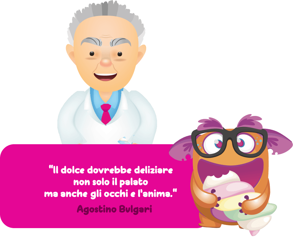 Agostino Bulgari with an orange monster eating a braided marshmallow