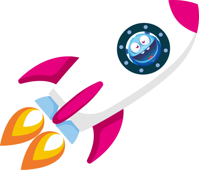 space rocket with blue Bulgari monster aboard