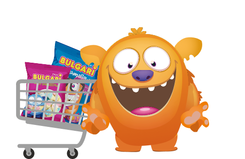 Bulgari marshmallow mascot monster next to a shopping cart